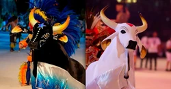 Festival de Parintins tem como smbolos o Boi Caprichoso ( esquerda) e Boi Garantido ( direita)