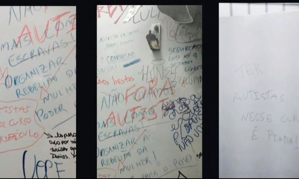 As mensagens estavam no banheiro feminino do CFCH contendo ataques discriminatrios direcionados a estudantes autistas do curso de psicologia (Foto: Divulgao)