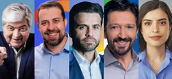 Na foto, da esquerda para a direita: Datena (PSDB), Guilherme Boulos (PSOL), Pablo Maral (PRTB), Ricardo Nunes (MDB) e Tabata Amaral (PSB)