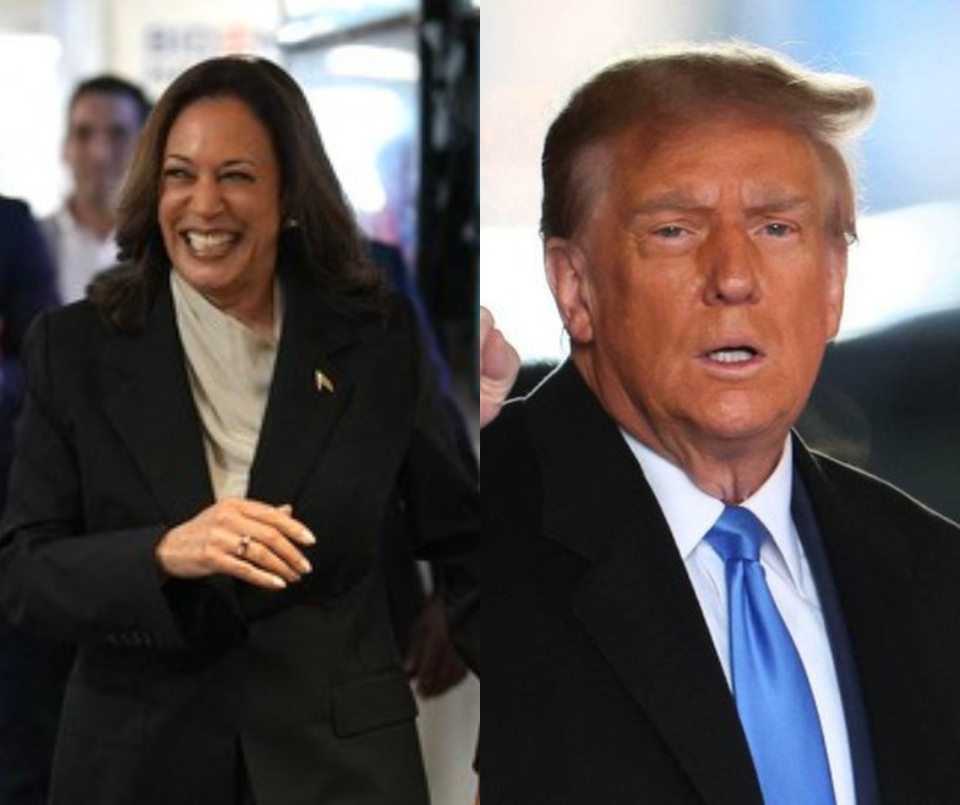 Kamala Harris e Donald Trump aparecem tecnicamente empatados em sondagem (Fotos: ERIN SCHAFF / POOL / AFP e Charly Triballeau/AFP)