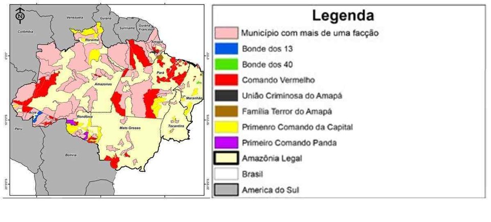 Mapa do Frum Brasileiro de Segurana Pblica mostra a presena de faces nos nove estados da Amaznia Legal
 (foto: Frum Brasileiro de Segurana Pblica/Divulgao )