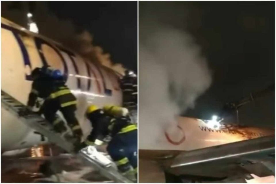 Trs veculos da brigada de incndio do prprio aeroporto e mais cinco do Corpo de Bombeiros trabalharam para conter as chamas na pista  (Crdito: Reproduo/Redes sociais)