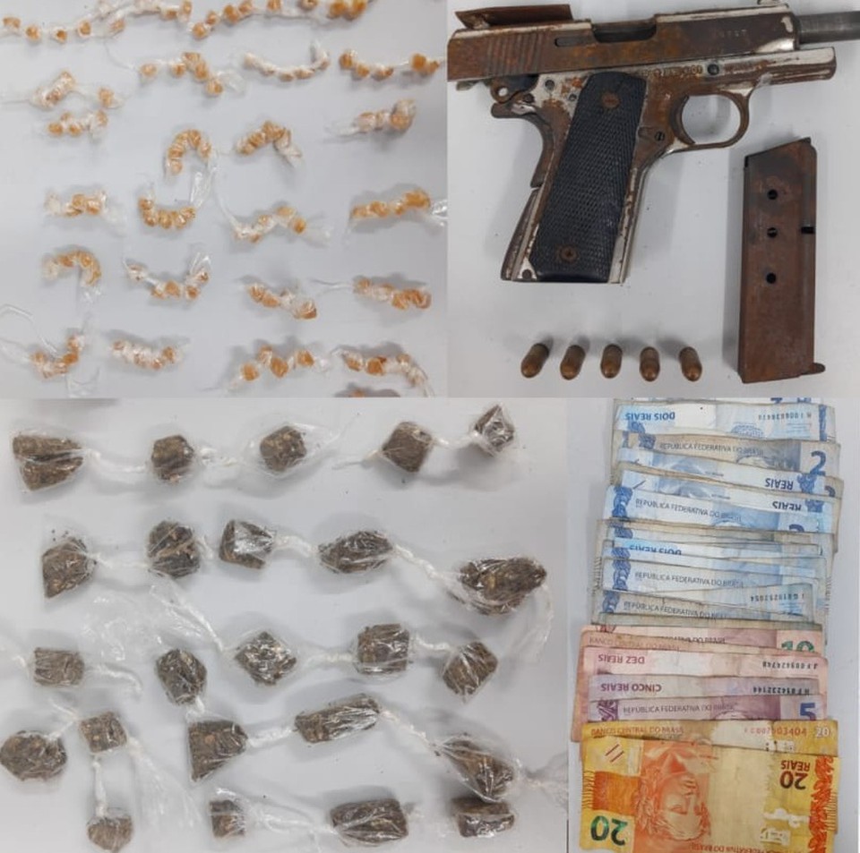 Arma, drogas e dinheiro foram apreendidos com suspeito baleado, segundo PM  (Foto: Divulgao/PM)