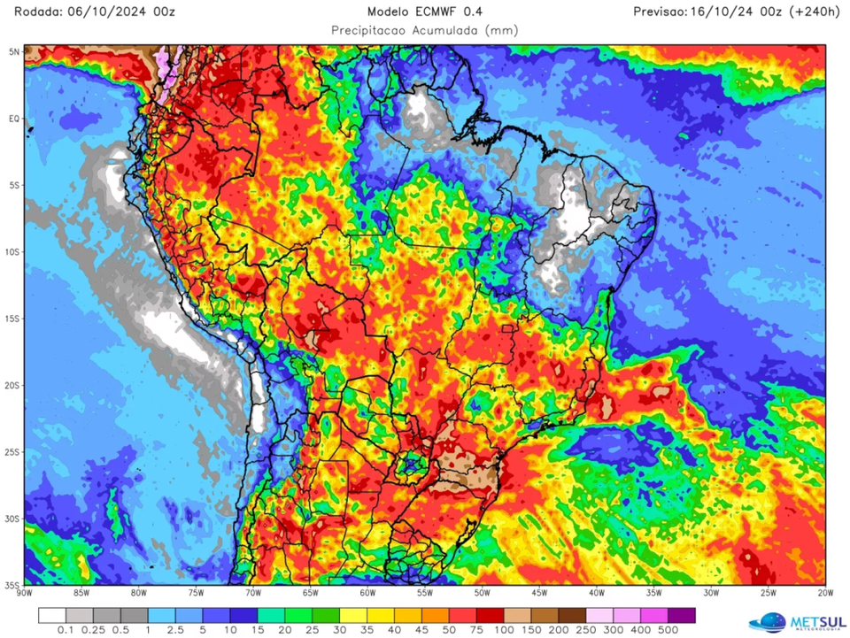 ltima projeo de chuva para dez dias no Brasil, de acordo com dados do modelo do Centro Meteorolgico Europeu (ECMWF). Quanto mais colorido (para direita), maior a precipitao acumulada
 (foto: Divulgao/MetSul Meteorologia)