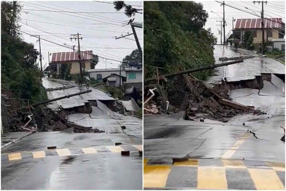 Uma rua desmoronou aps a chuva atingir a cidade (foto: Reproduo/Redes sociais)