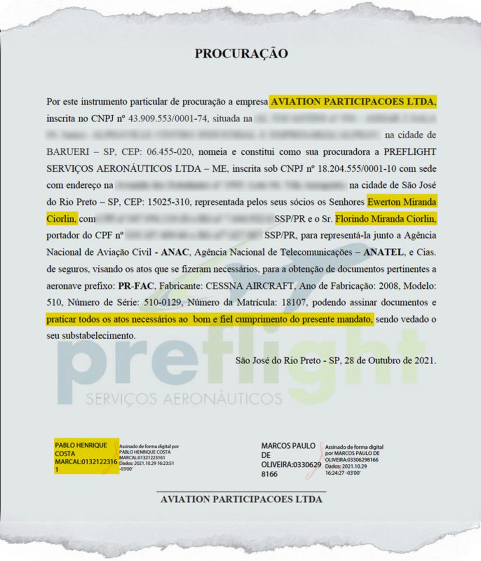 Procurao assinada por Pablo Maral concede poderes para Florindo Ciorlin o representar em rgos do governo federal (Crdito: Metrpoles)