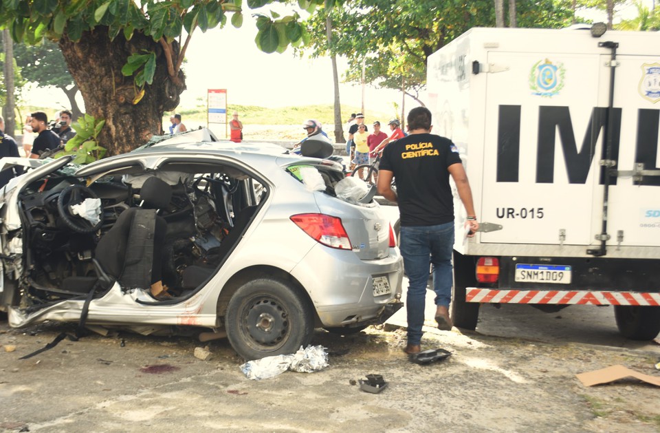 Carro ficou destrudo aps batida em rvore, na Zona Sul do Recife  (Foto: Agncia de Fotos GFV Paparazzi )