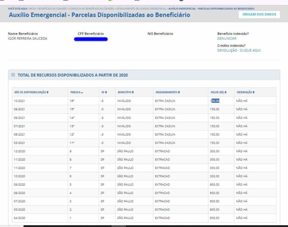 Dados do Portal da Transparncia sobre o auxlio emergencial (Crdito: Divulgao/Portal da Transparncia)