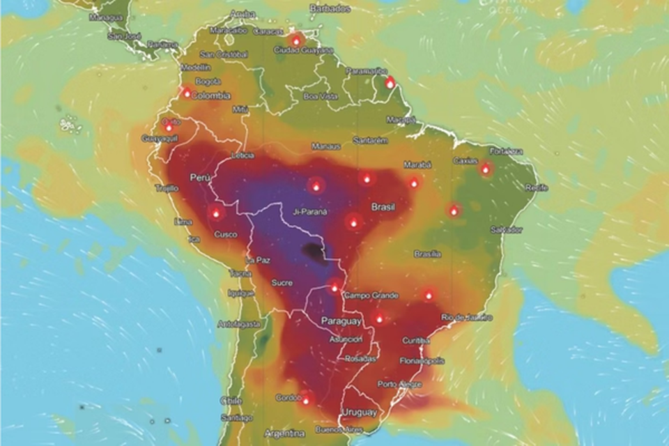 Imagem colorida da qualidade do ar no brasil entra no nvel perigoso (Crdito: Reproduo/IQAir)