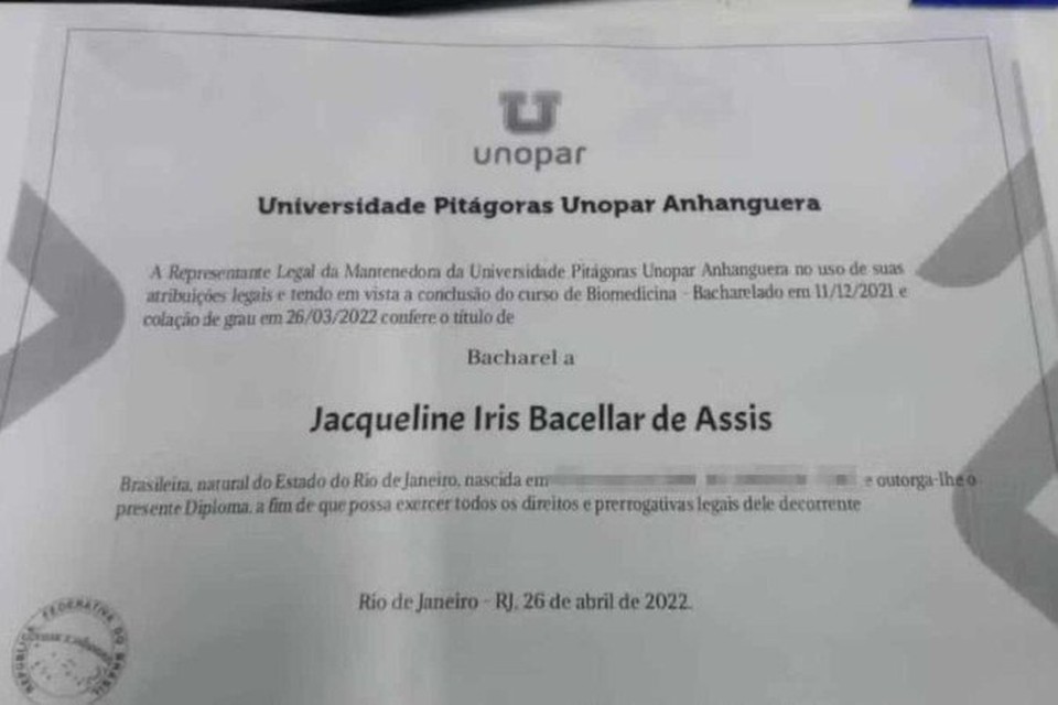 
Certificado que teria sido entregue por Jacqueline Iris ao PSC Lab Saleme (foto: Divulgao)