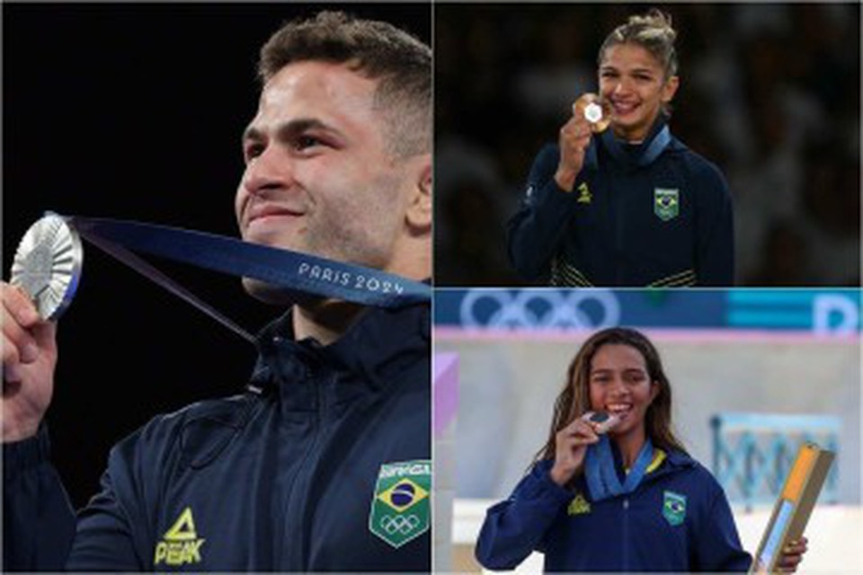 Os trs primeiros medalhistas olmpicos do Brasil em Paris - (crdito: AFP/ DA./ Cb.Press)
