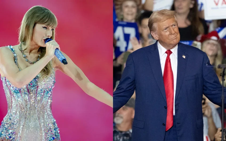 A publicao inclui fotos manipuladas de mulheres com camisetas com o lema "Swifties for Trump" (Swifties a favor de Trump) (fotos: AFP)