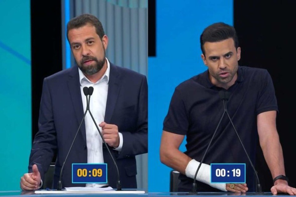  (Juz determinou excluso de vdeos caluniosos publicados por Pablo Maral sobre Guilherme Boulos. Na imagem, candidatos no debate da Globo - (crdito: Reproduo/Rede Globo)
)