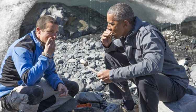 Bear Grylls e Barack Obama em 'Celebridades  prova de tudo'. Foto: Discovery/Reproduo