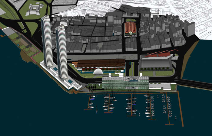 Complexo multiuso ficar entre a antiga Ponte Giratria e as torres gmeas.  (Foto: Perspectiva/Novo Porto Recife)