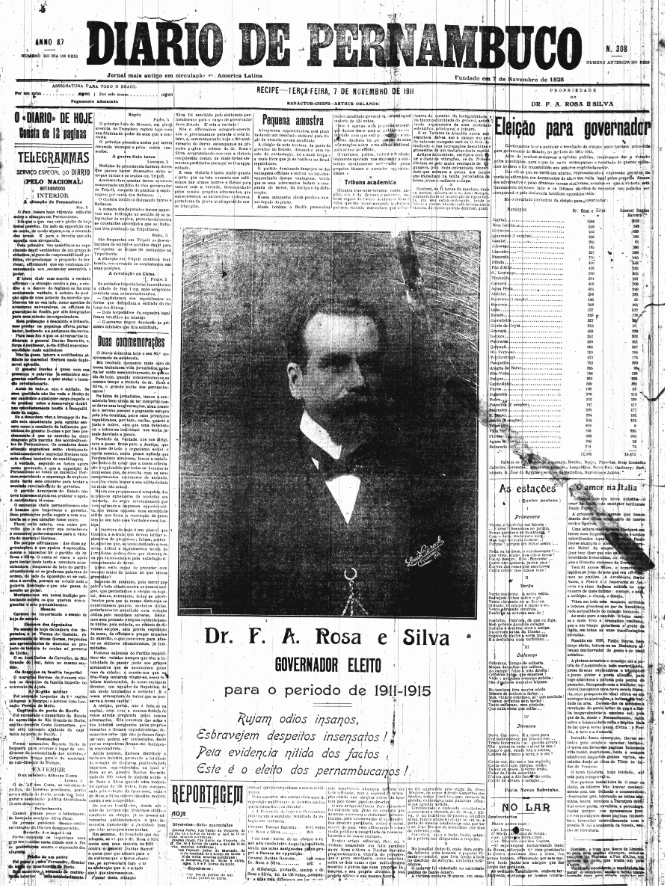 Capa do Diario de Pernambuco em 7 de novembro, anunciando a vitria de Rosa e Silva (Foto: Arquivo DP)