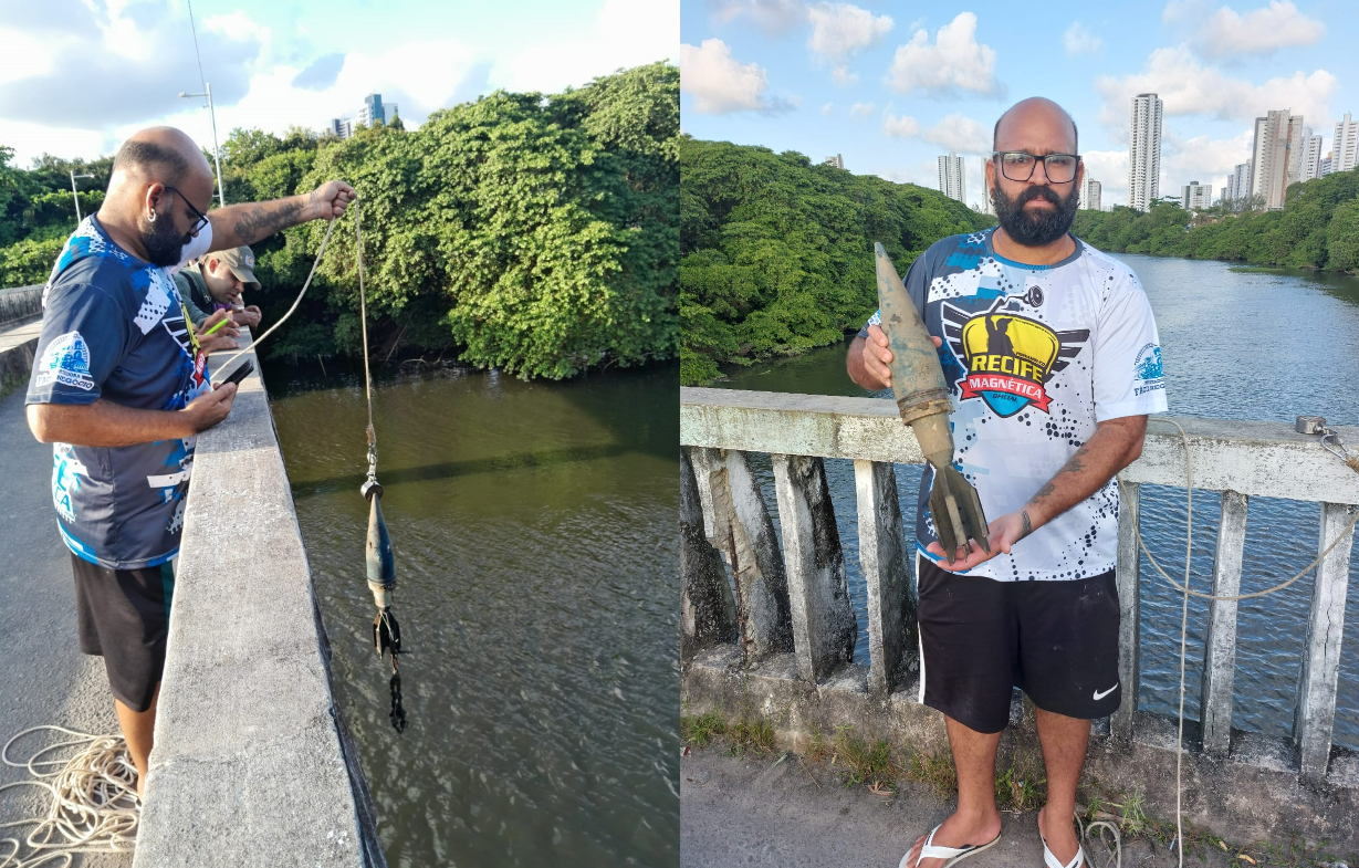 Em setembro deste ano, Tiago pescou um morteiro no Rio Capibaribe (CORTESIA)